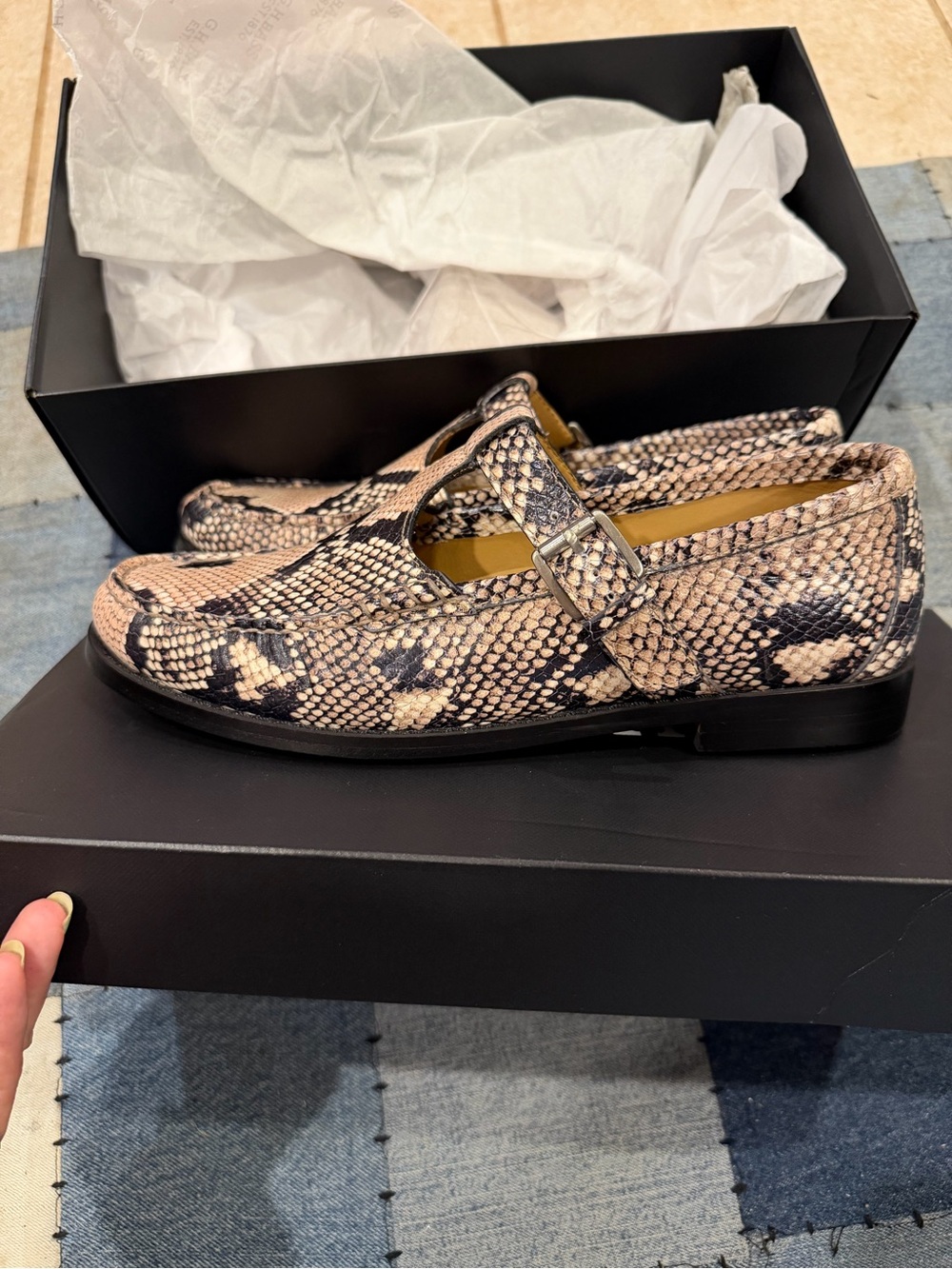 Women’s G. H. Bass Weejuns Snake-Print Mary Jane Loafers in Beige and Black